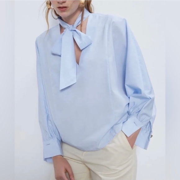 Zara Tops - ZARA Woman Tie Neck Blue Long Sleeve Boho Top Blouse Sz Large